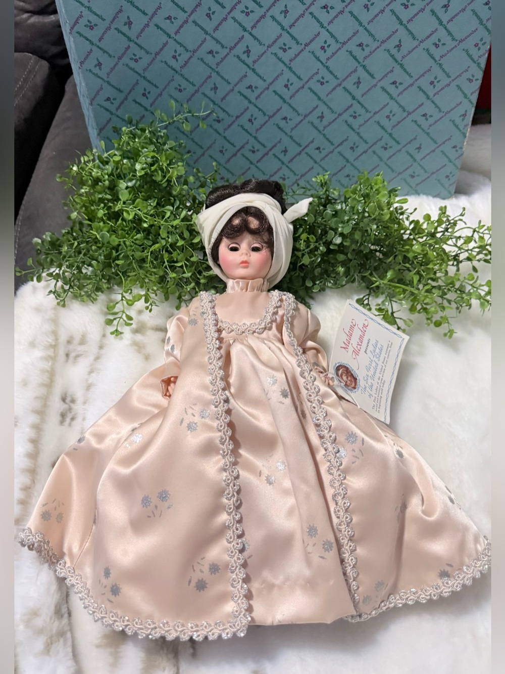 Madame Alexander Peach Satin Doll with Cream Headwrap and Silver Trim